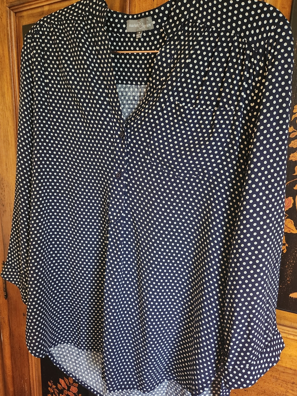 Market & Spruce Navy and White Polka Dot Tunic Blouse